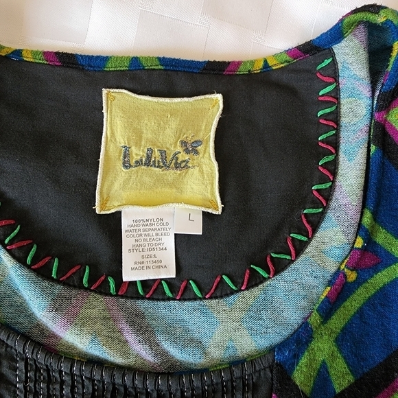 LuLu Via Tunic Blue Yellow Graphic Design Pockets Women's Mini Dress Size L - Picture 4 of 6